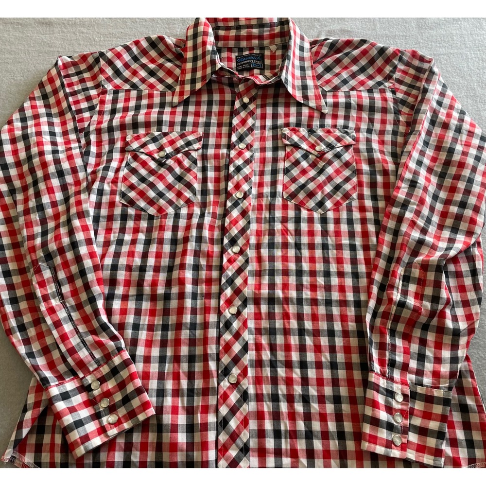 VTG 70's Maverick Western Shirt Mens Med Red Black Gingham Pearl Snap USA Made